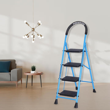 Parasnath GoUp 4 Step Foldable Steel Blue Step Ladder – Heavy-Duty and Lightweight Step Ladder with Anti-Skid Wide Plastic Steps, Safety Handle, High Reach Platform for Home, Kitchen, Office, Warehouse Use - 6 Year Manufacturer Warranty - Made in India - PARASNATH
