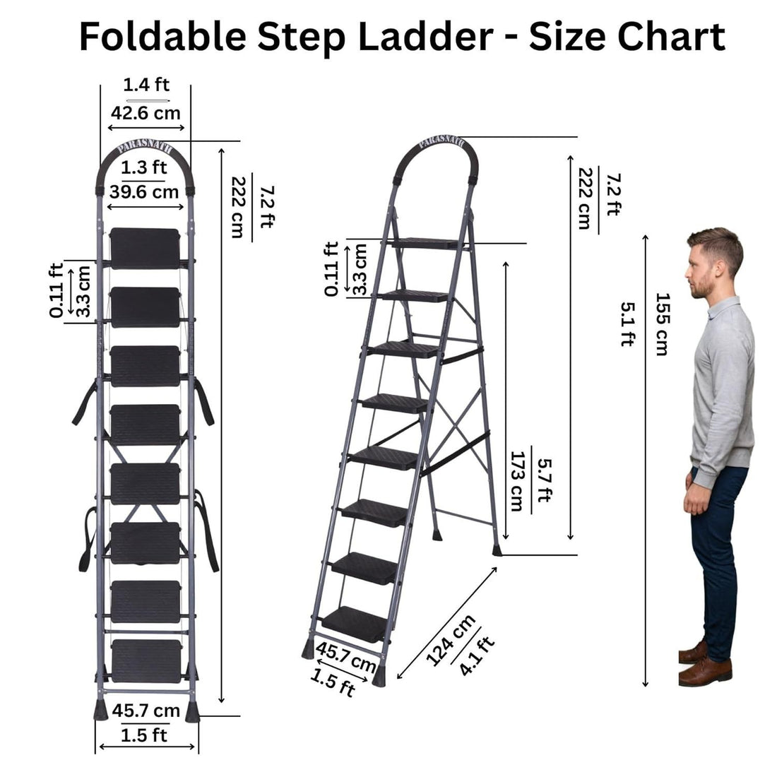 Parasnath GoUp 8 Step Foldable Steel Grey Ladder