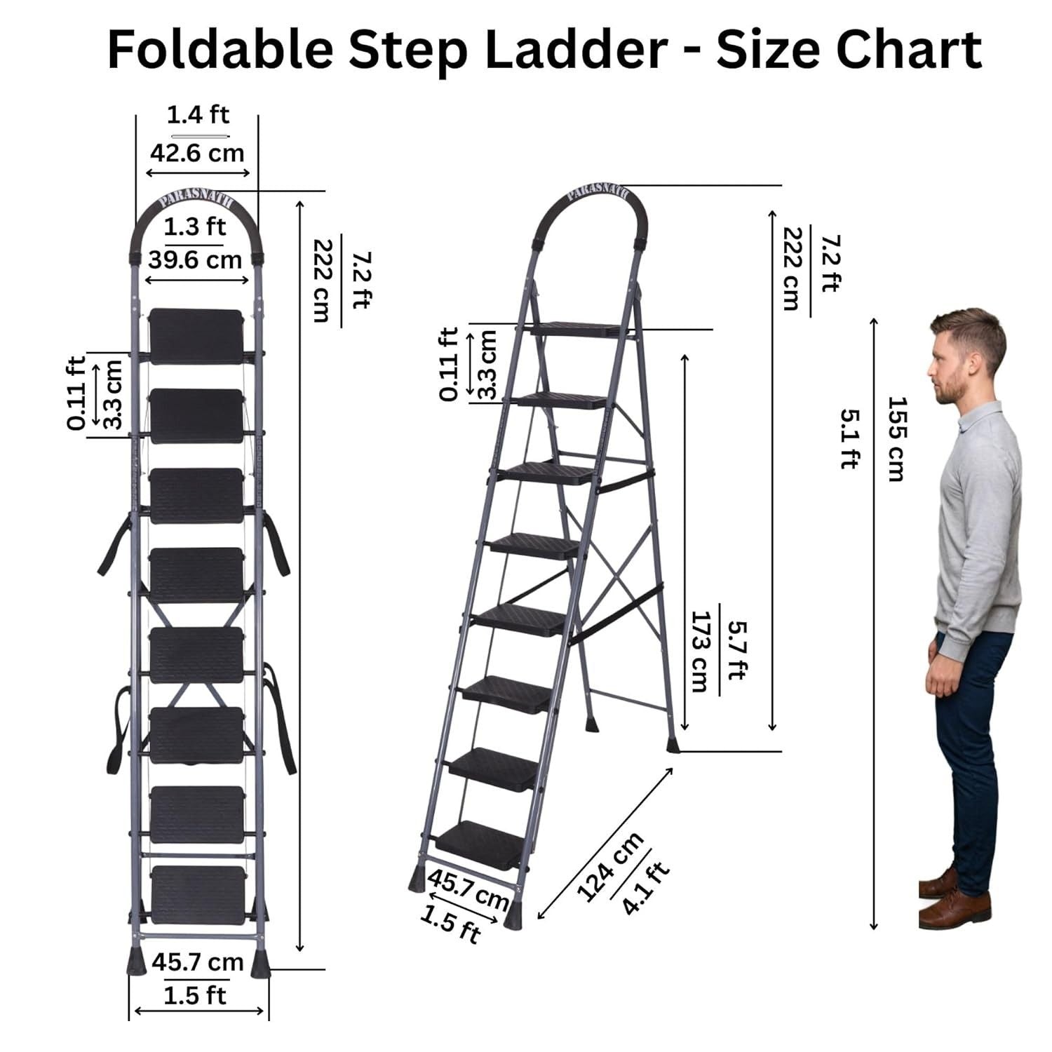Parasnath GoUp 8 Step Foldable Steel Grey Ladder