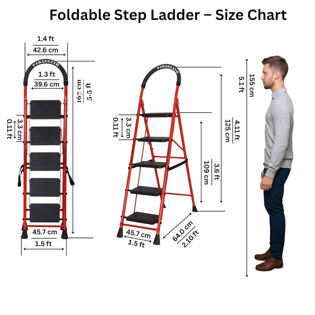 Parasnath GoUp 5 Step Red Steel Foldable Ladder