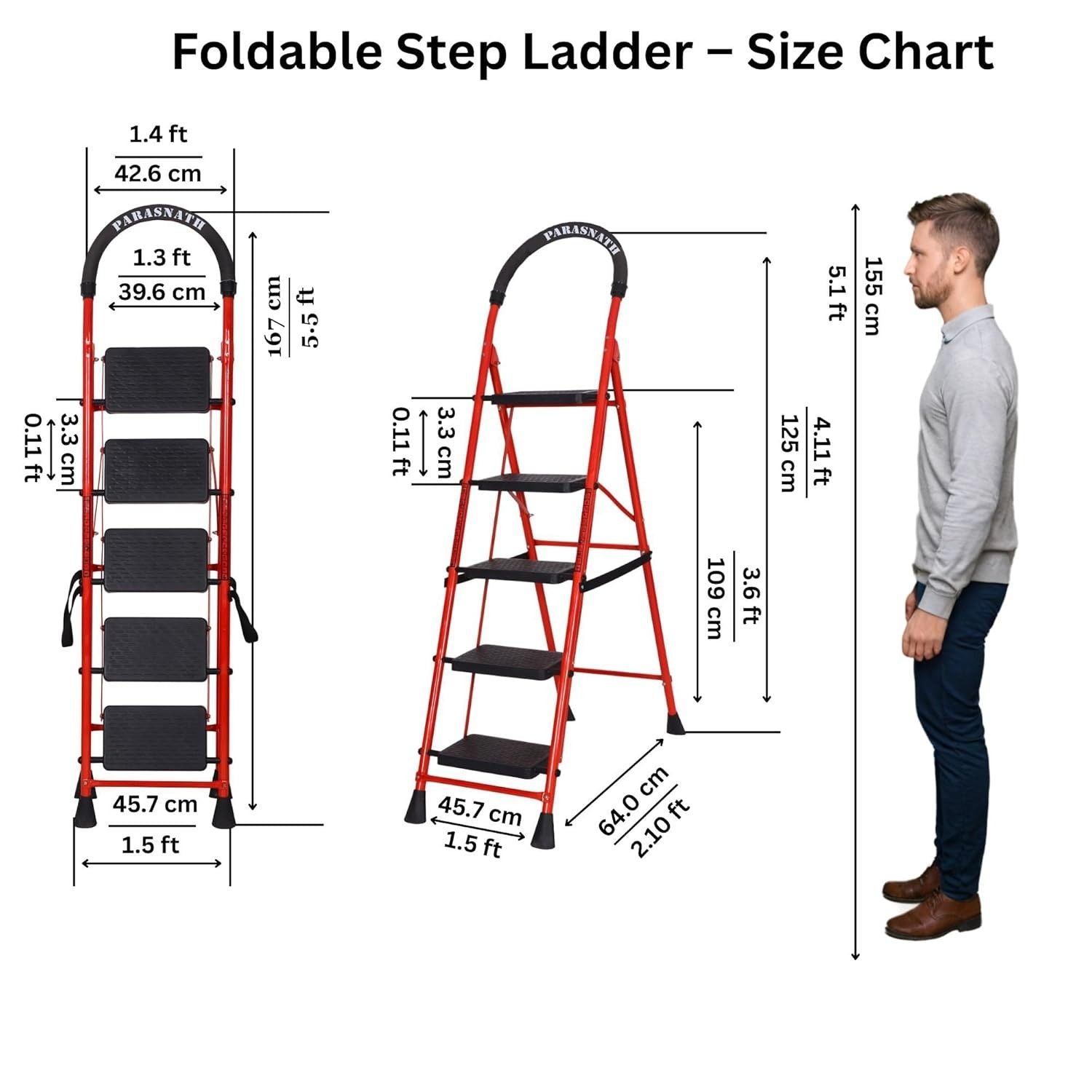 Parasnath GoUp 5 Step Red Steel Foldable Ladder