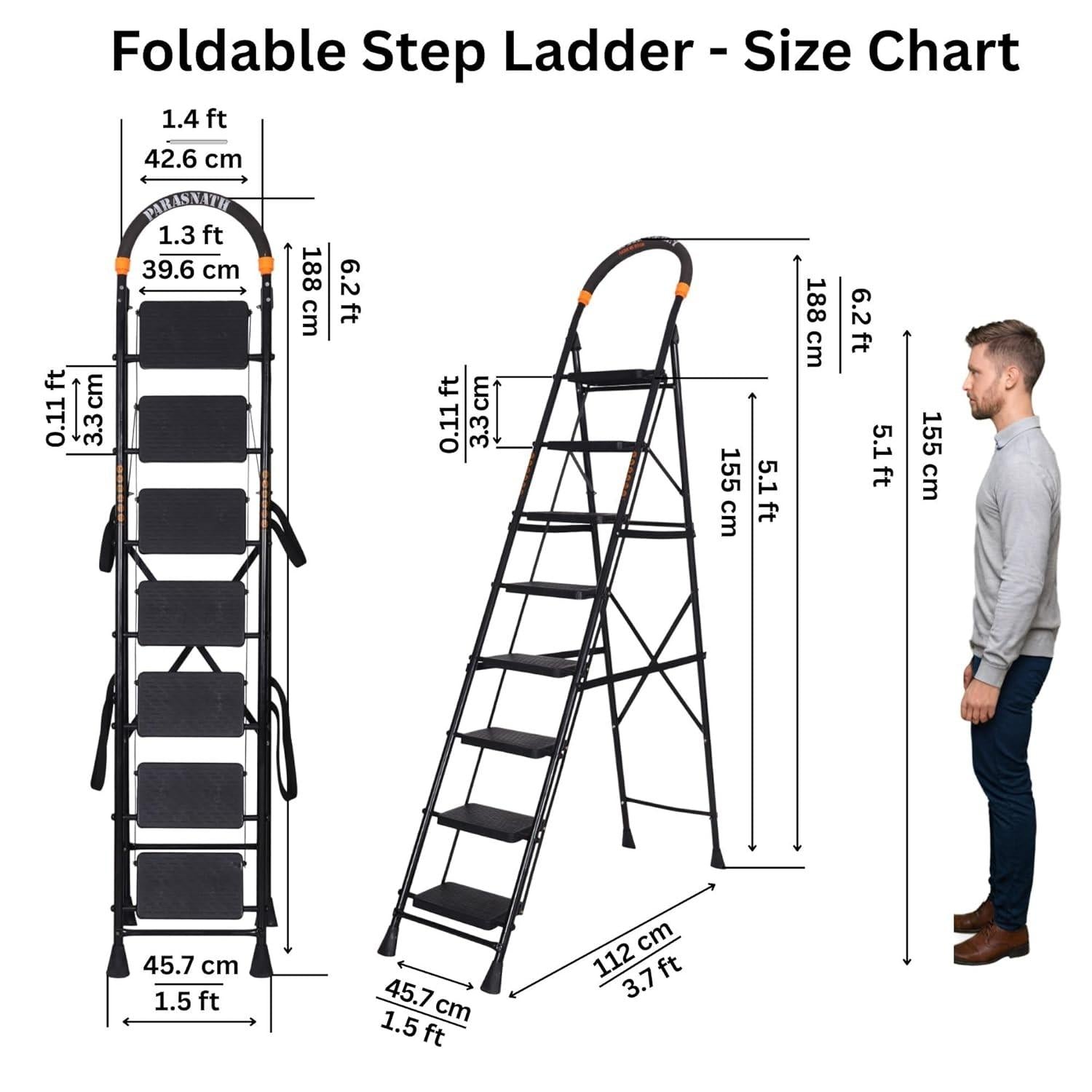 Parasnath GoUp 7 Step Foldable Steel Black Step Ladder – Heavy-Duty and Lightweight Step Ladder with Anti-Skid Wide Plastic Steps, Safety Handle, High Reach Platform for Home, Kitchen, Office, Warehouse Use - 6 Year Manufacturer Warranty - Made in India - PARASNATH