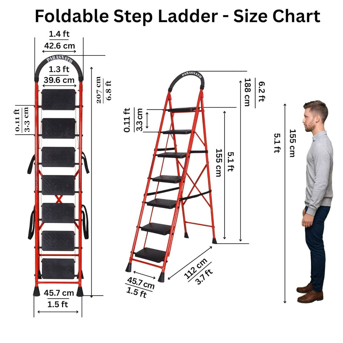 Parasnath GoUp 7 Step Red Steel Foldable Ladder