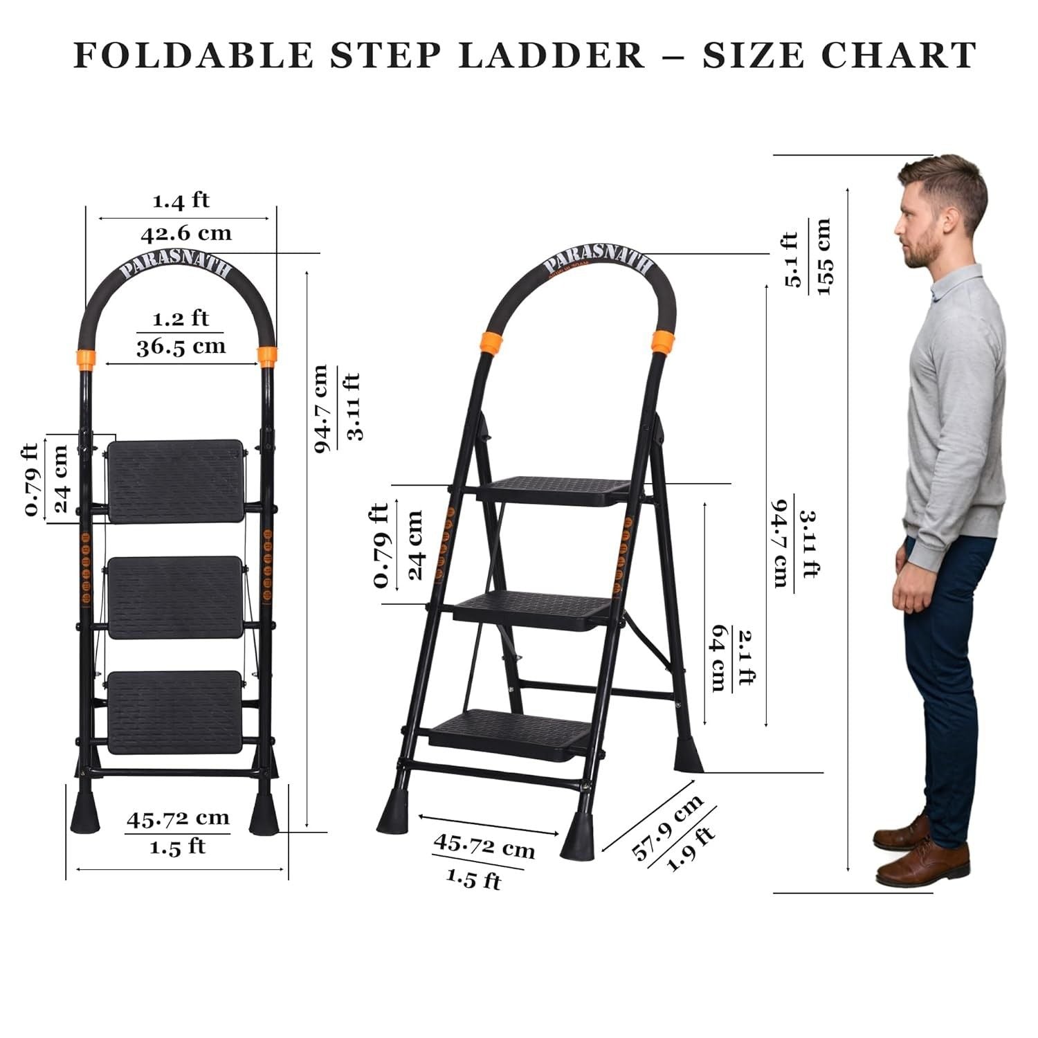 Parasnath GoUp 3 Step Foldable Steel Black Step Ladder