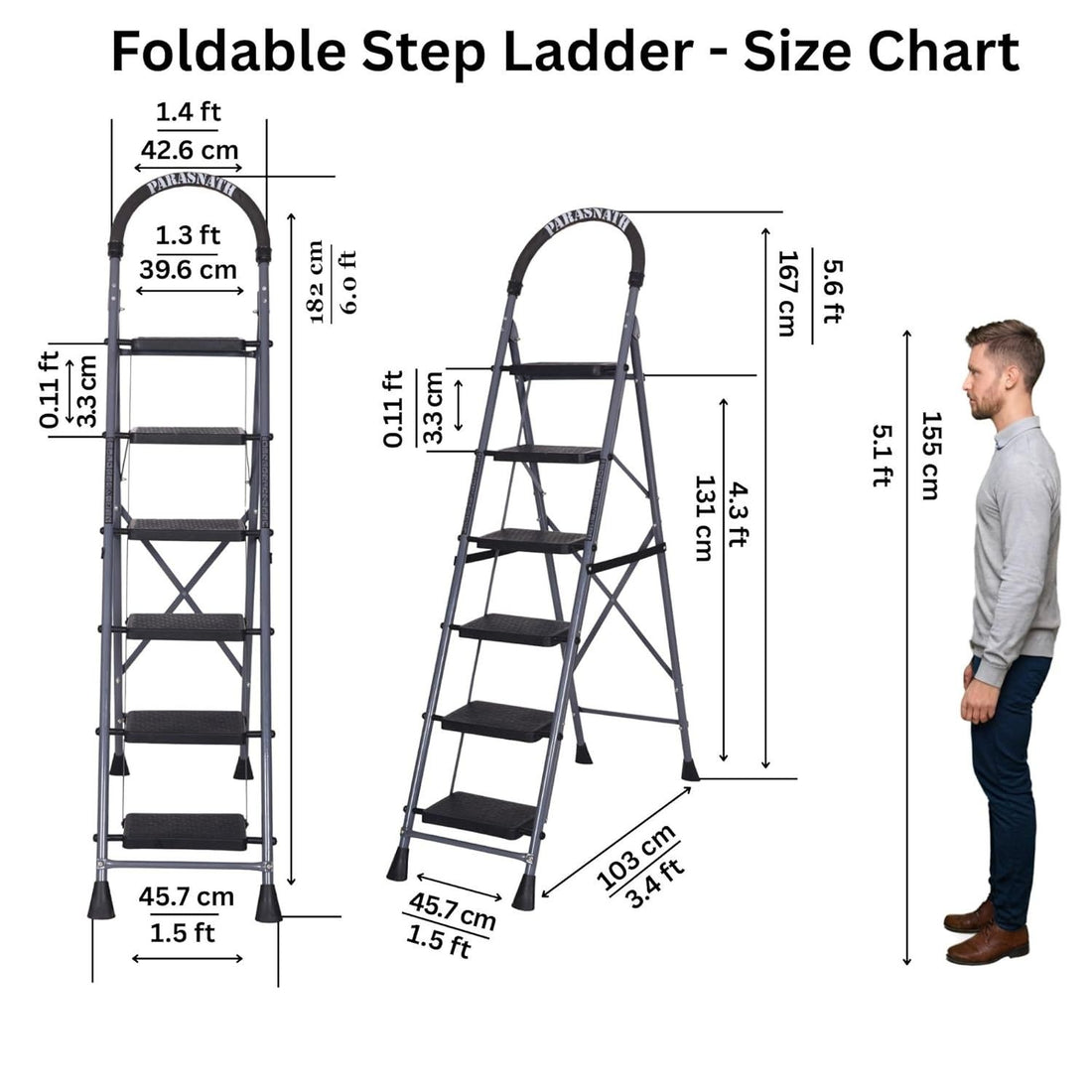 Parasnath GoUp 6 Step Foldable Steel Grey Step Ladder