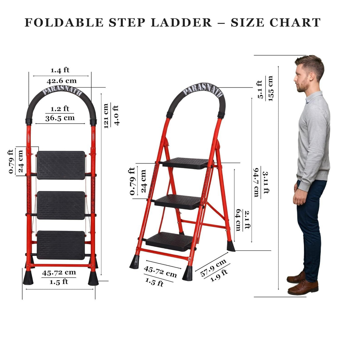 Parasnath GoUp 3 Step Red Steel Foldable Ladder
