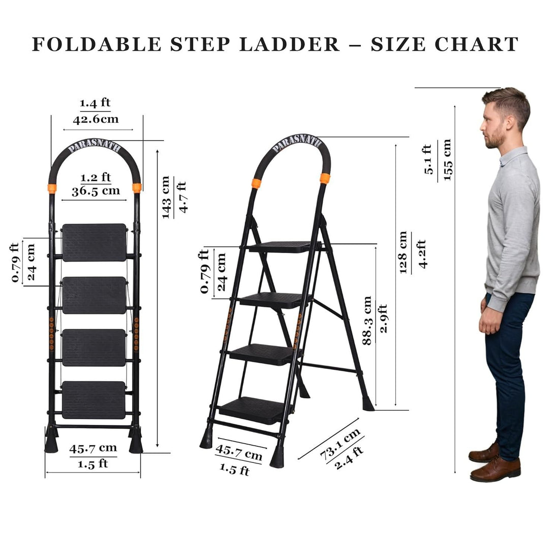 Parasnath GoUp 4 Step Foldable Steel Black Ladder 