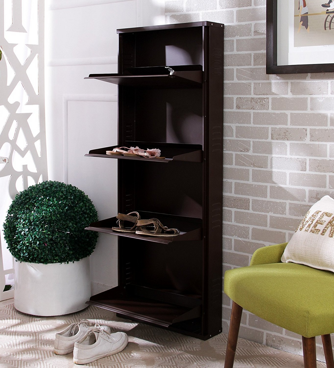 Parasnath Coffee Colour Wall Shoe Rack 4 Shelves Slim Lockable Steel Shoe Stand