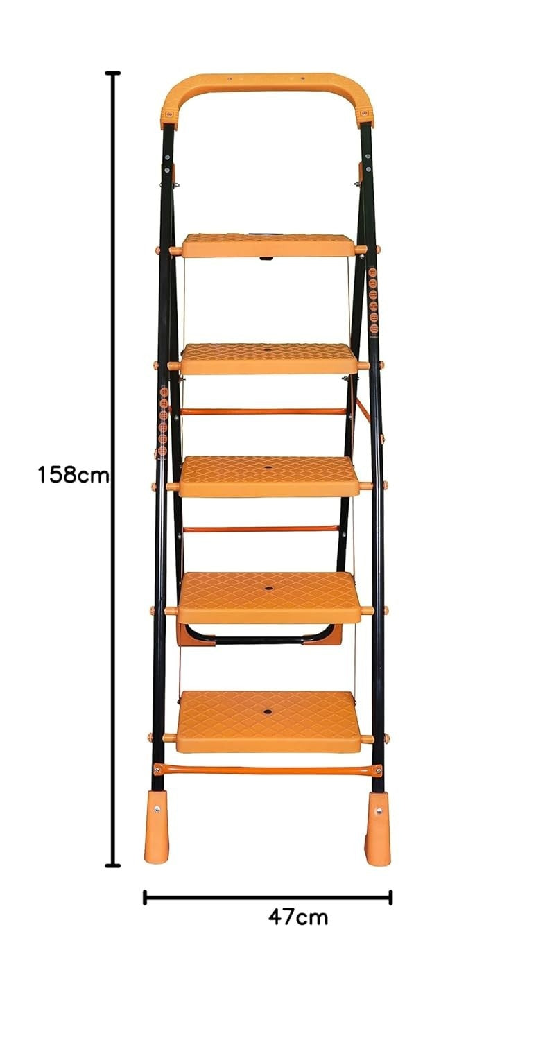 Parasnath Kohinoor 5 Step Heavy-Duty Folding Ladder – Strong Alloy Steel Step Ladder with Wide Anti-Slip Steps, 5.2 Ft Height, Rust-Resistant, Space-Saving Design for Home, Kitchen, Office & Shop Use – Made in India (Orange) - PARASNATH