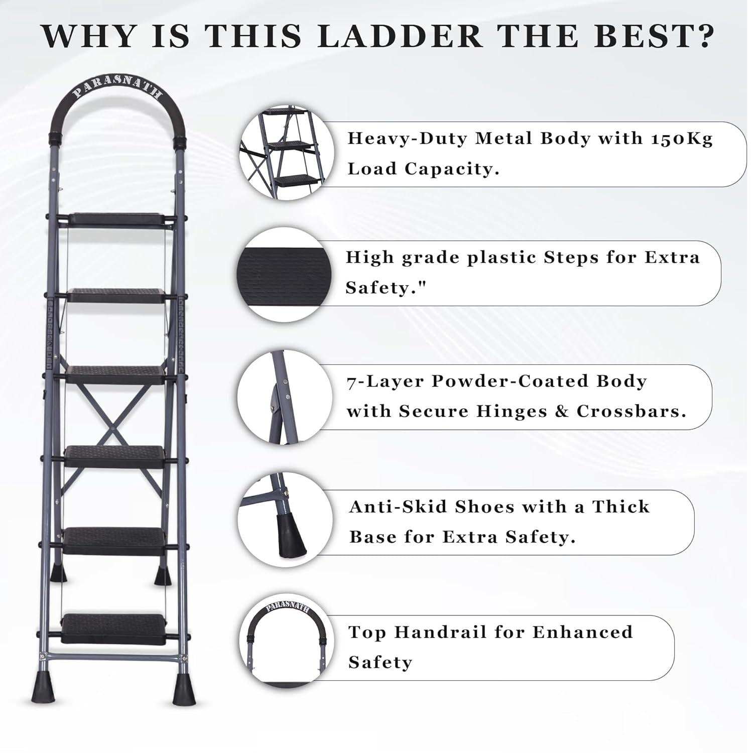 Parasnath GoUp 6 Step Foldable Steel Grey Step Ladder
