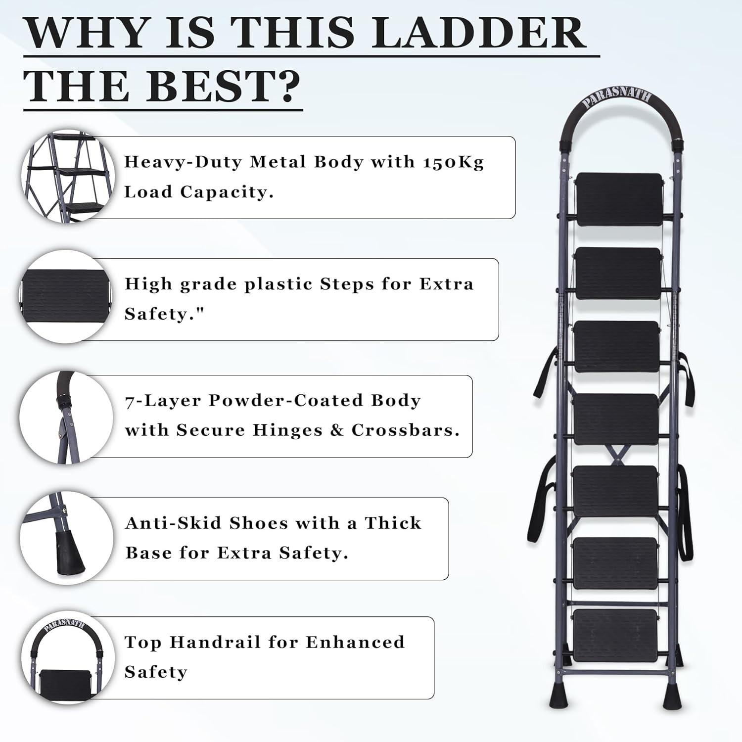 Parasnath GoUp 7 Step Foldable Steel Grey Step Ladder – Heavy-Duty and Lightweight Step Ladder with Anti-Skid Wide Plastic Steps, Safety Handle, High Reach Platform for Home, Kitchen, Office, Warehouse Use - 6 Year Manufacturer Warranty - Made in India - PARASNATH