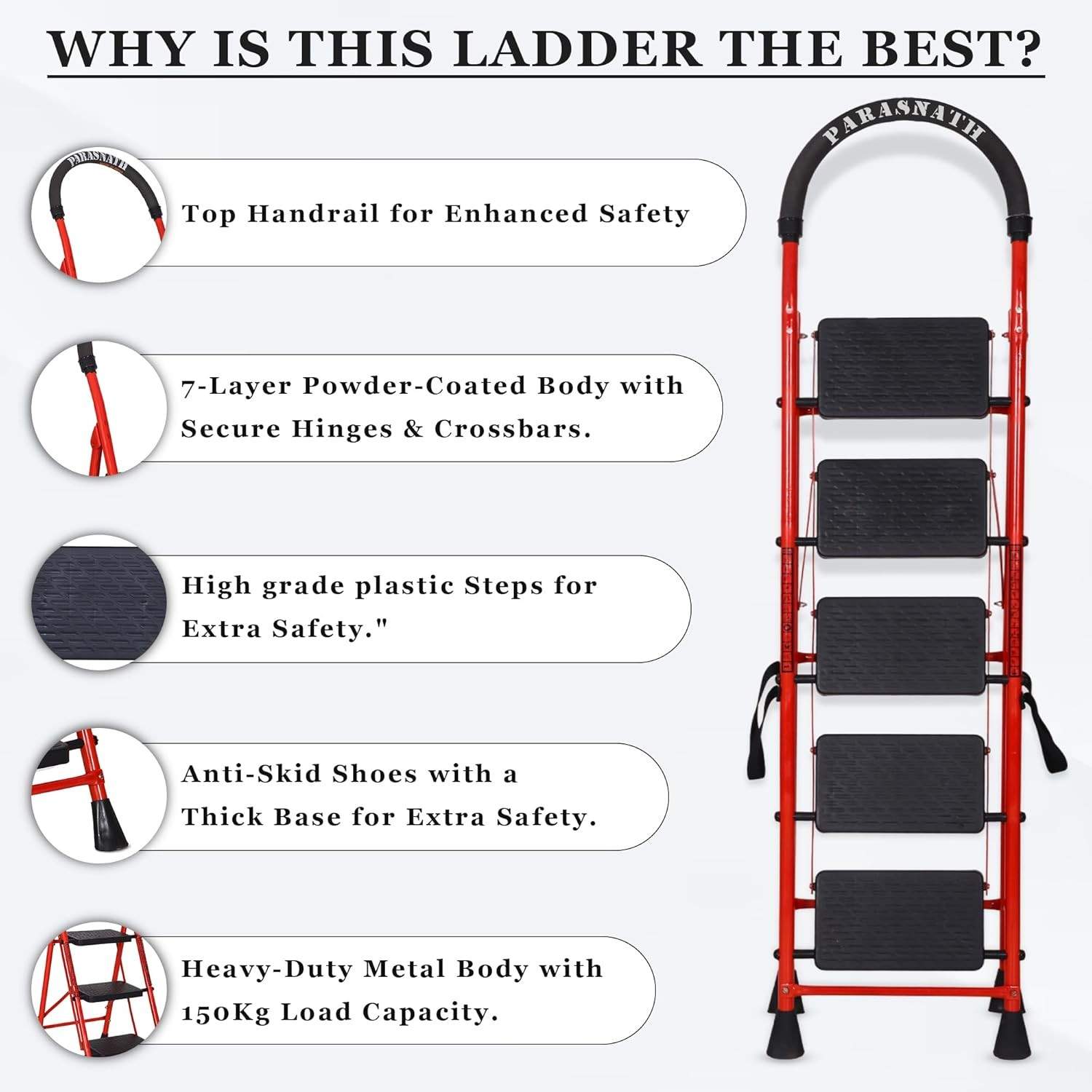 Parasnath GoUp 5 Step Red Steel Foldable Ladder