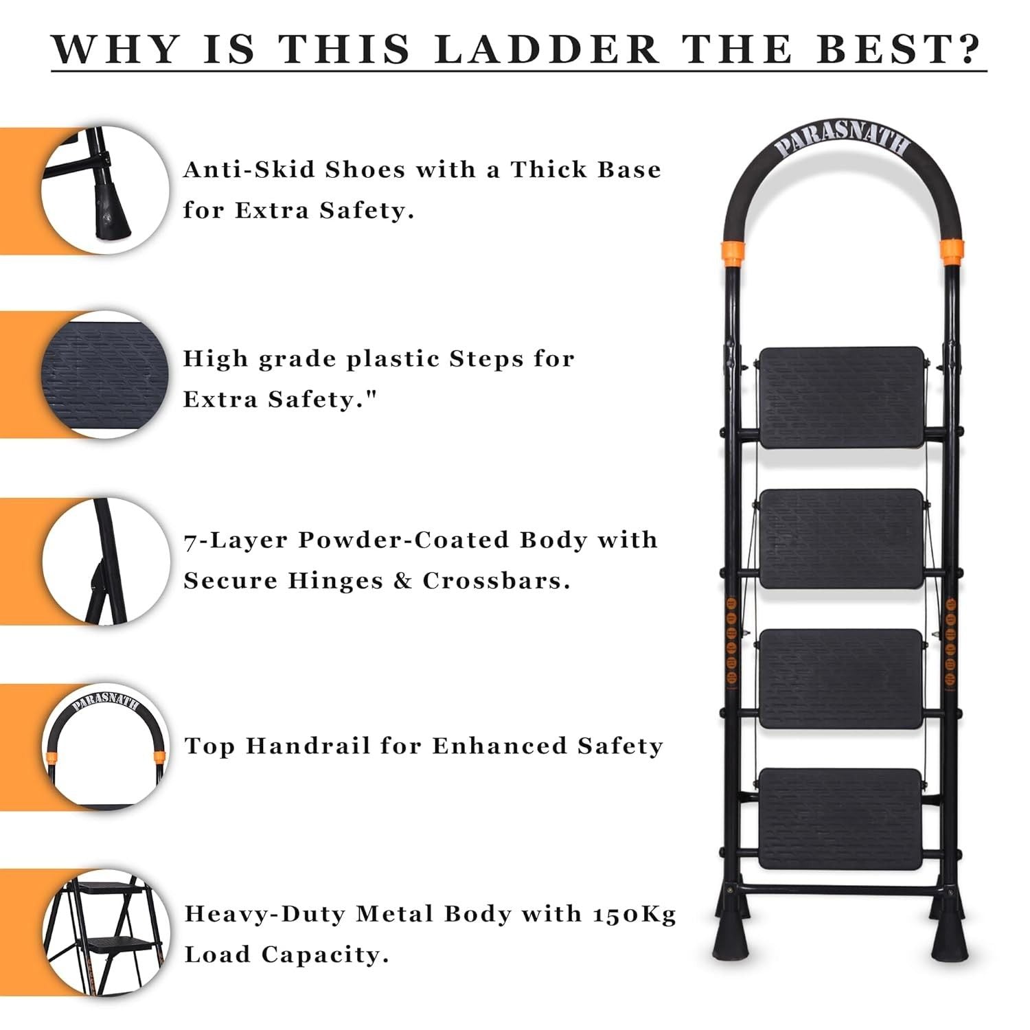 Parasnath GoUp 4 Step Foldable Steel Black Ladder 