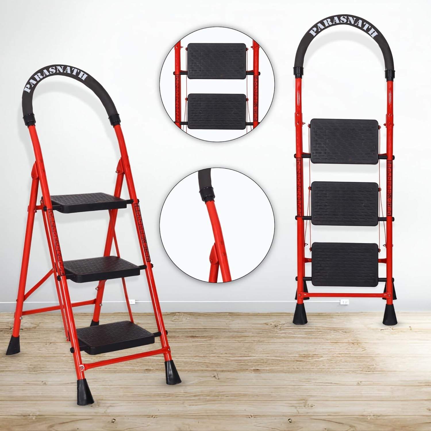 Parasnath GoUp 3 Step Red Steel Foldable Ladder
