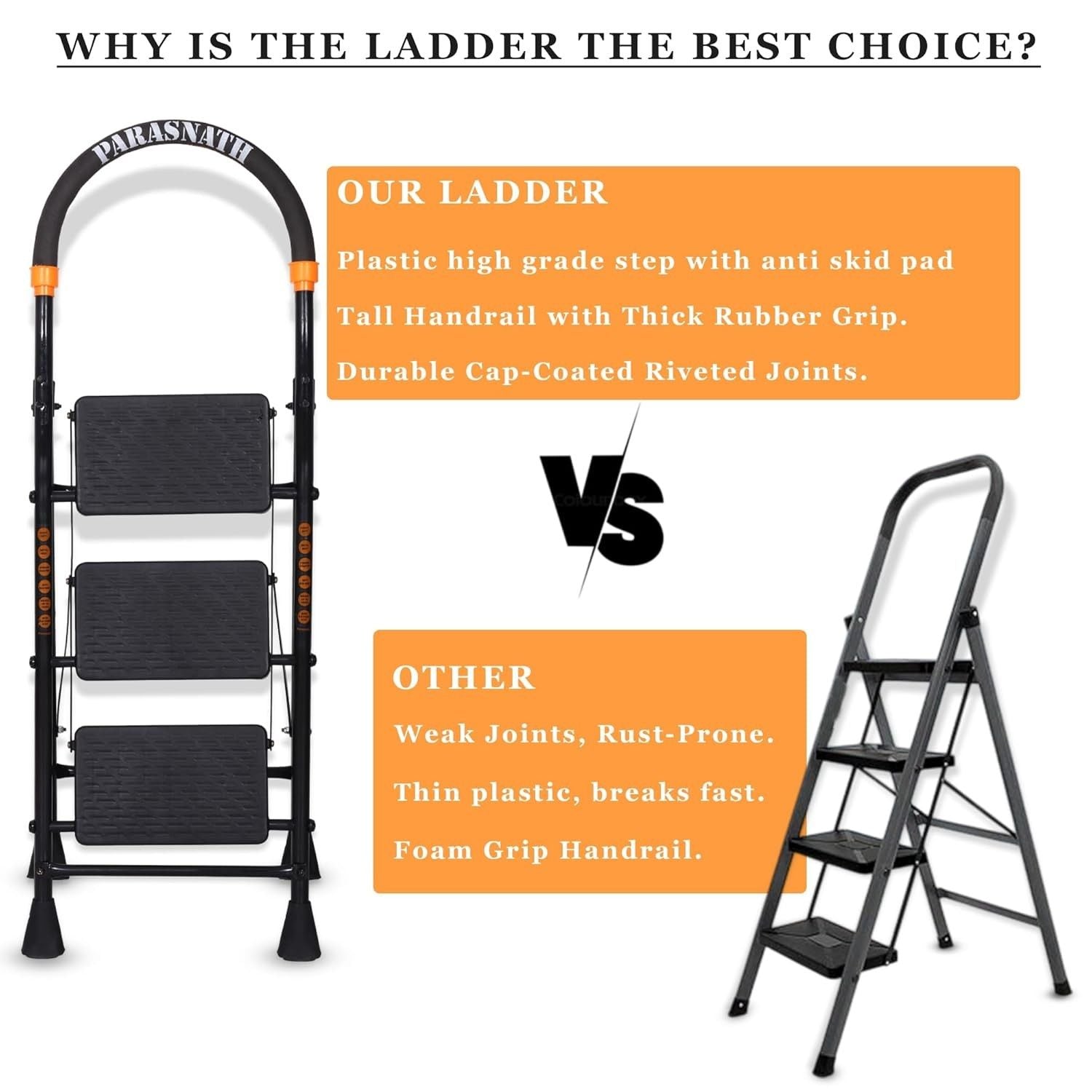 Parasnath GoUp 3 Step Foldable Steel Black Step Ladder