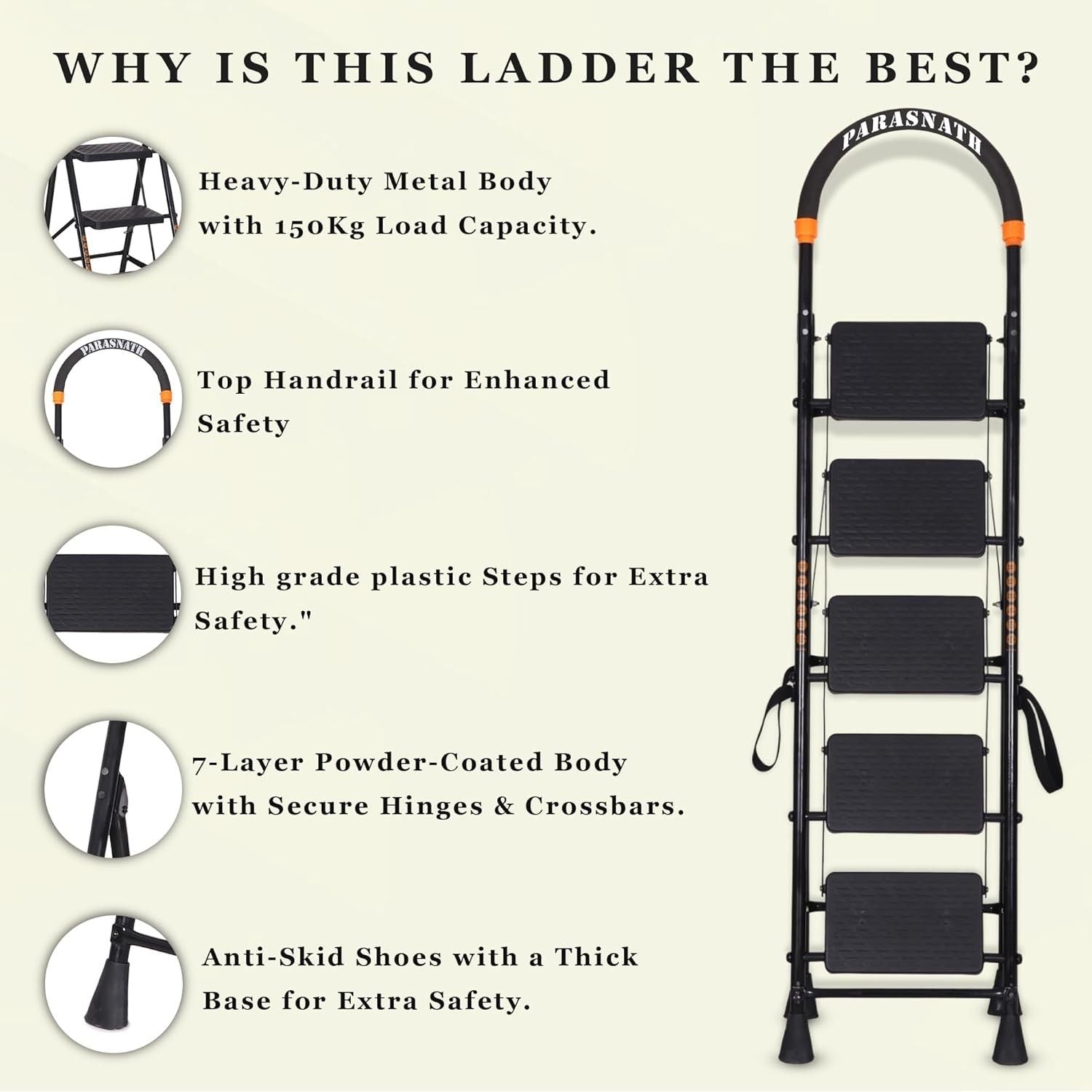 Parasnath GoUp 5 Step Foldable Steel Black Ladder