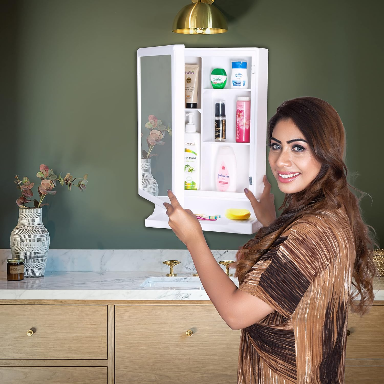 Parasnath New Look White Bathroom Cabinet with Mirror