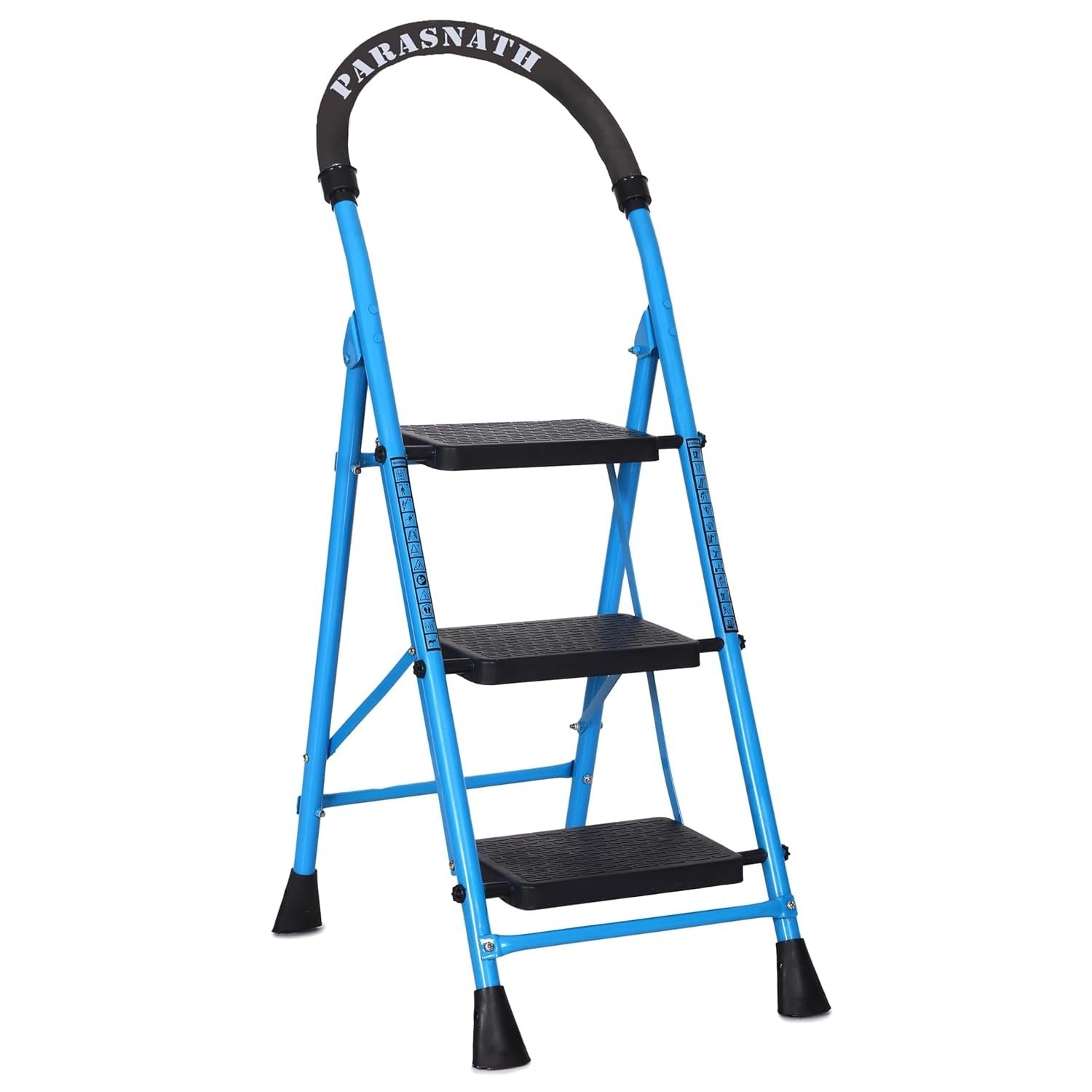 Parasnath GoUp 3 Step Foldable Steel Blue Step Ladder – Heavy-Duty and Lightweight Step Ladder with Anti-Skid Wide Plastic Steps, Safety Handle, High Reach Platform for Home, Kitchen, Office, Warehouse Use - 6 Year Manufacturer Warranty - Made in India - PARASNATH