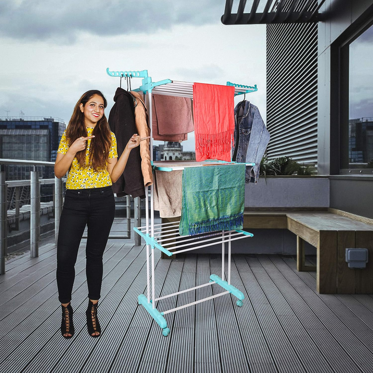 Parasnath 6 Layer Clothes Drying Stand Foldable Steel Rack with Breaking Wheel S
