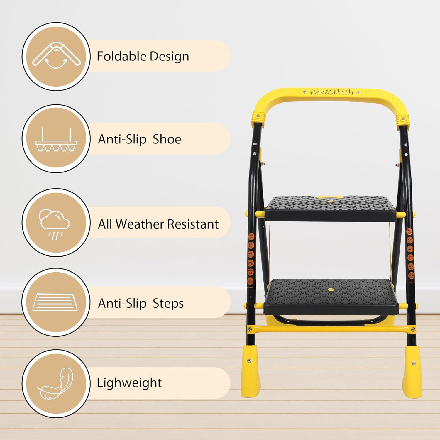 Parasnath 2 Step Yellow Diamond Mild Steel Foldable Ladder for Home - Wide Anti Skid Plastic Step Ladder for Extra Gripping 2.3 FT Ladder - Made in India - PARASNATH
