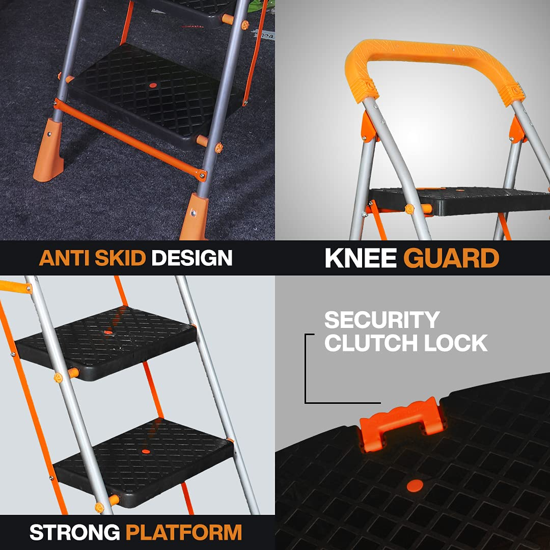 Parasnath Orange Diamond Folding Alloy Steel Ladder with Wide Steps 2 Steps 2.7 FT Ladder (Made in India) - PARASNATH