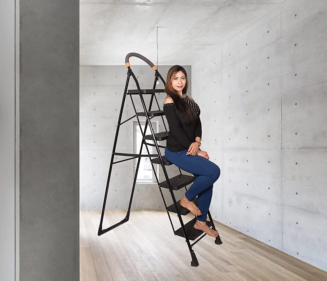 Parasnath 7-Step Black Diamond Folding Ladder with wide anti-slip steps, sturdy steel