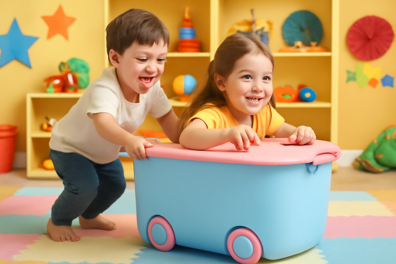 PARASNATH 45L Blue-Pink Rolling Storage Box with Wheels