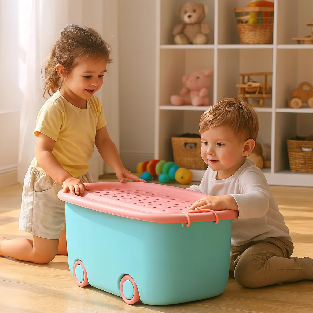 PARASNATH 45L Blue-Pink Rolling Storage Box with Wheels