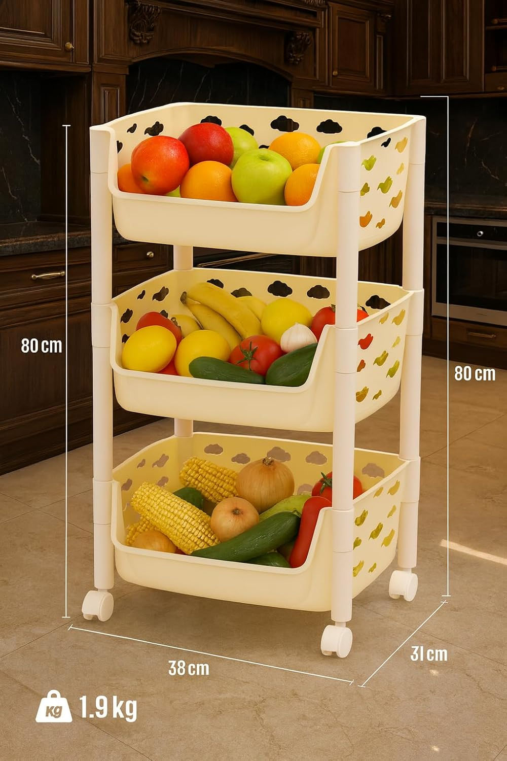 Parasnath 3 Layer Ivory Fruit & Vegetable Trolley – Kitchen Storage Organizer