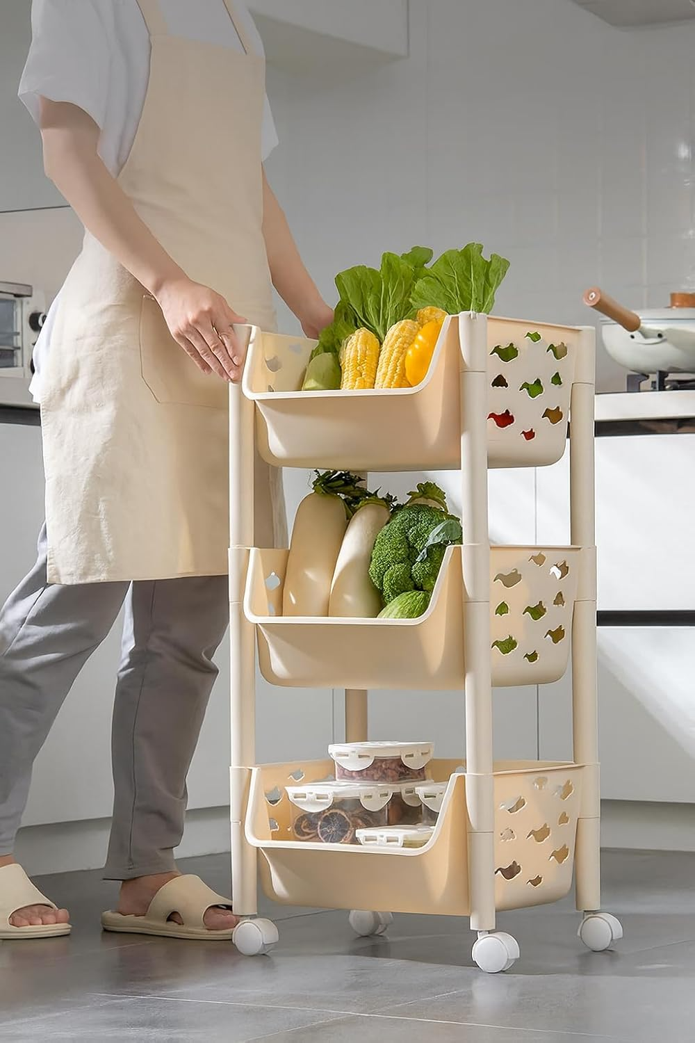 Parasnath 3 Layer Ivory Fruit & Vegetable Trolley – Kitchen Storage Organizer