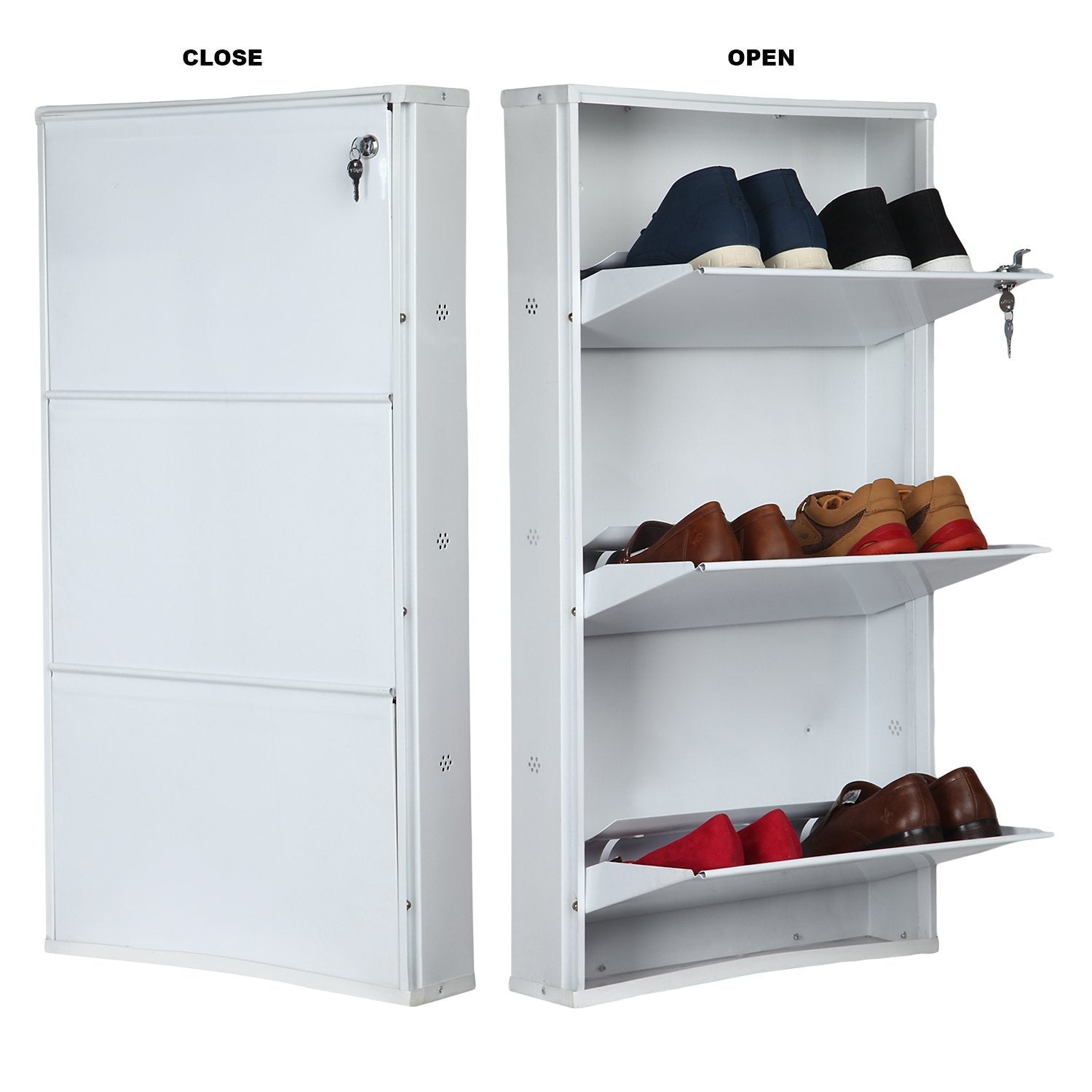 Parasnath Pure White Wall Shoe Rack 3 Shelves Slim Lockable Steel Shoe Stand for Home and Outdoor
