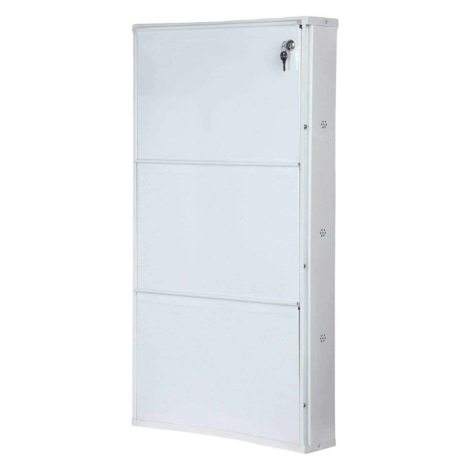 Parasnath Pure White Wall Shoe Rack 3 Shelves Slim Lockable Steel Shoe Stand for Home and Outdoor