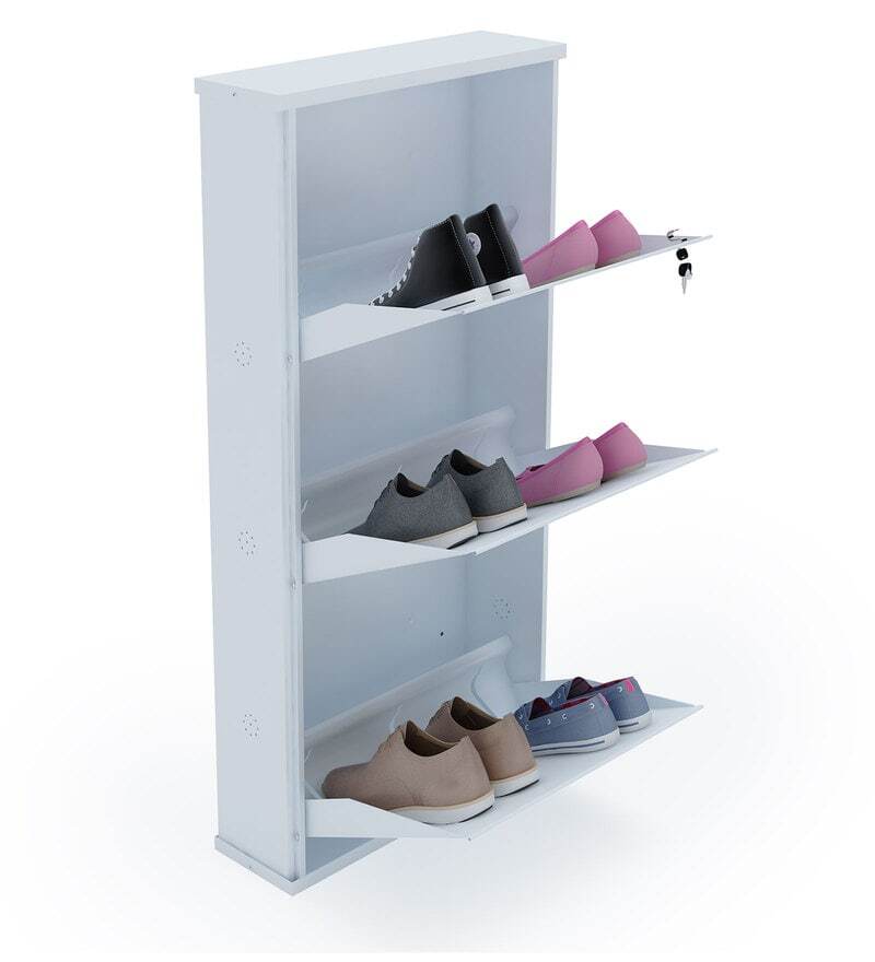 Parasnath Pure White Wall Shoe Rack 3 Shelves Slim Lockable Steel Shoe Stand for Home and Outdoor