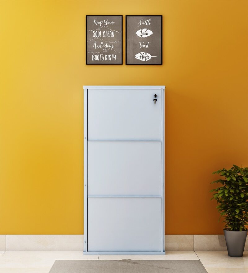 Parasnath Pure White Wall Shoe Rack 3 Shelves Slim Lockable Steel Shoe Stand for Home and Outdoor