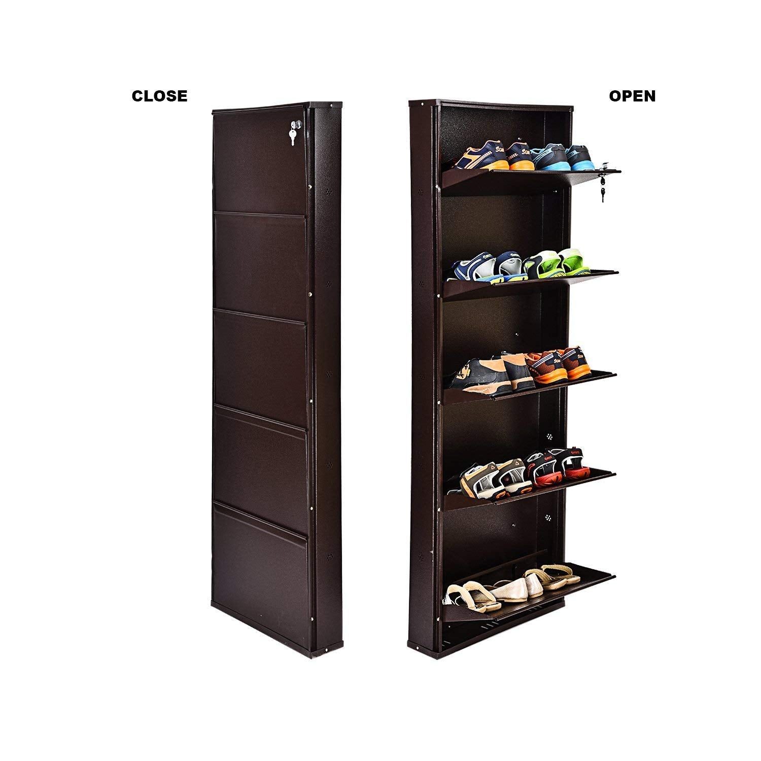 Parasnath Coffee Colour Wall Shoe Rack 5 Shelves Slim Lockable Steel Shoe Stand