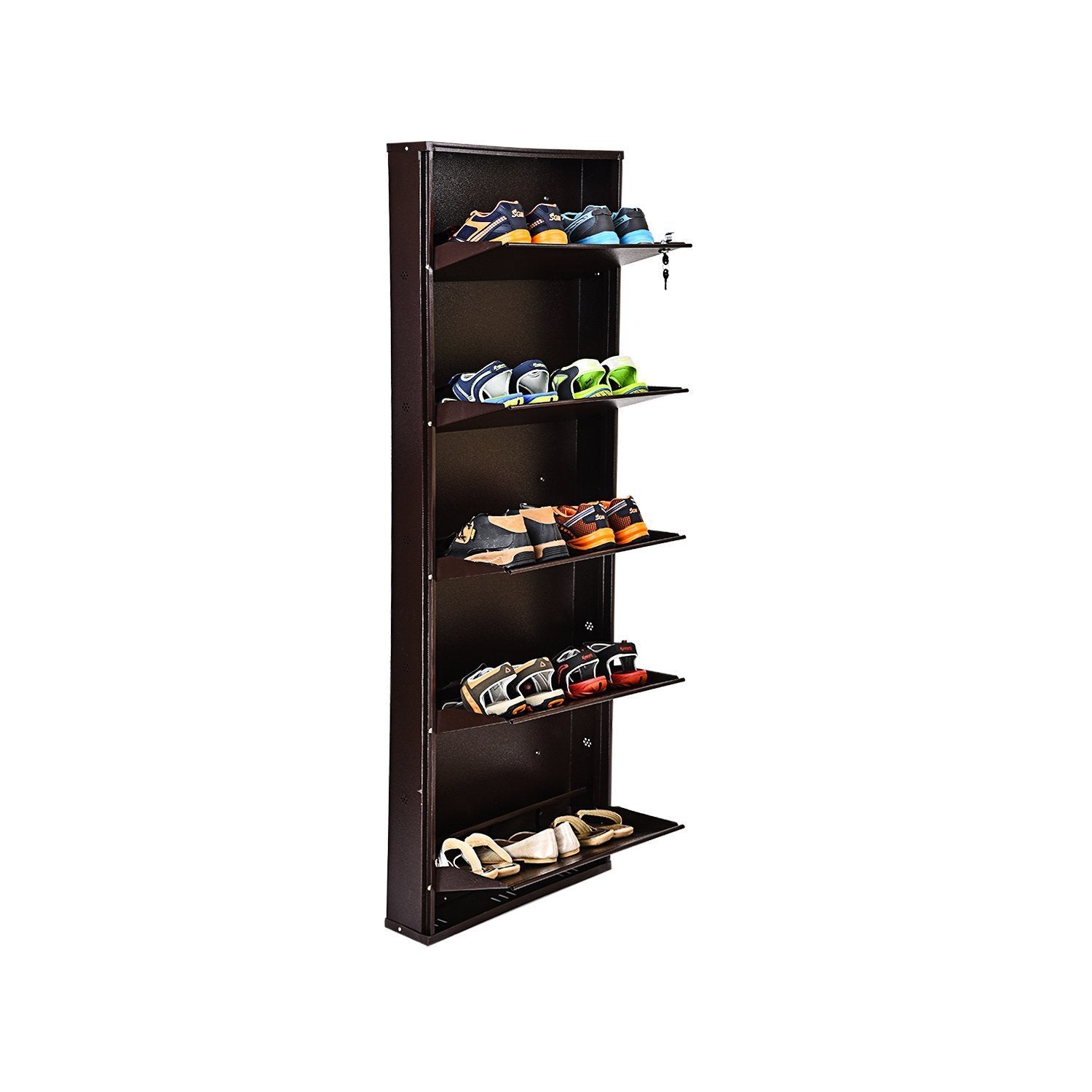 Parasnath Coffee Colour Wall Shoe Rack 5 Shelves Slim Lockable Steel Shoe Stand