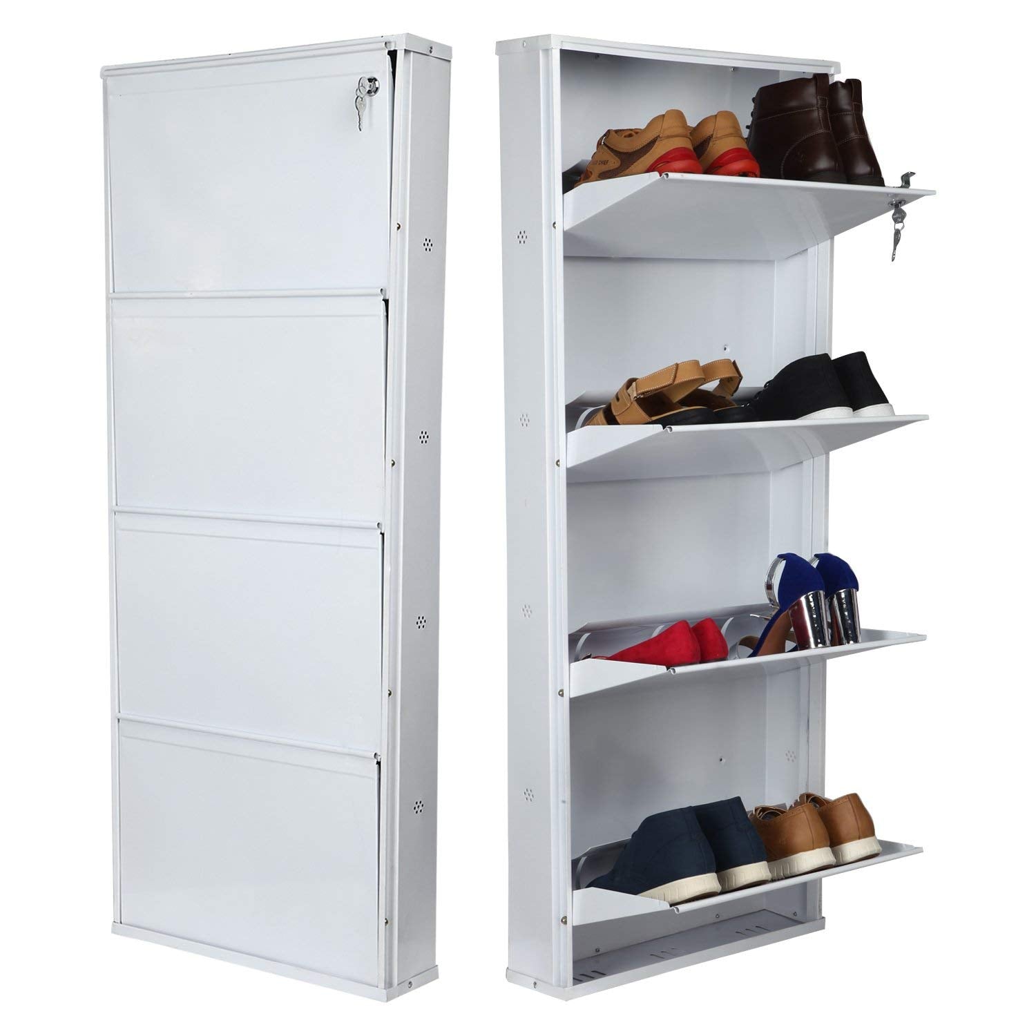 Parasnath Pure White Wall Shoe Rack 3 Shelves Slim Lockable Steel Stand