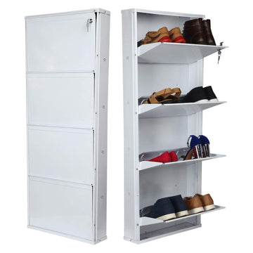 Parasnath Pure White Wall Shoe Rack 3 Shelves Slim Lockable Steel Stand