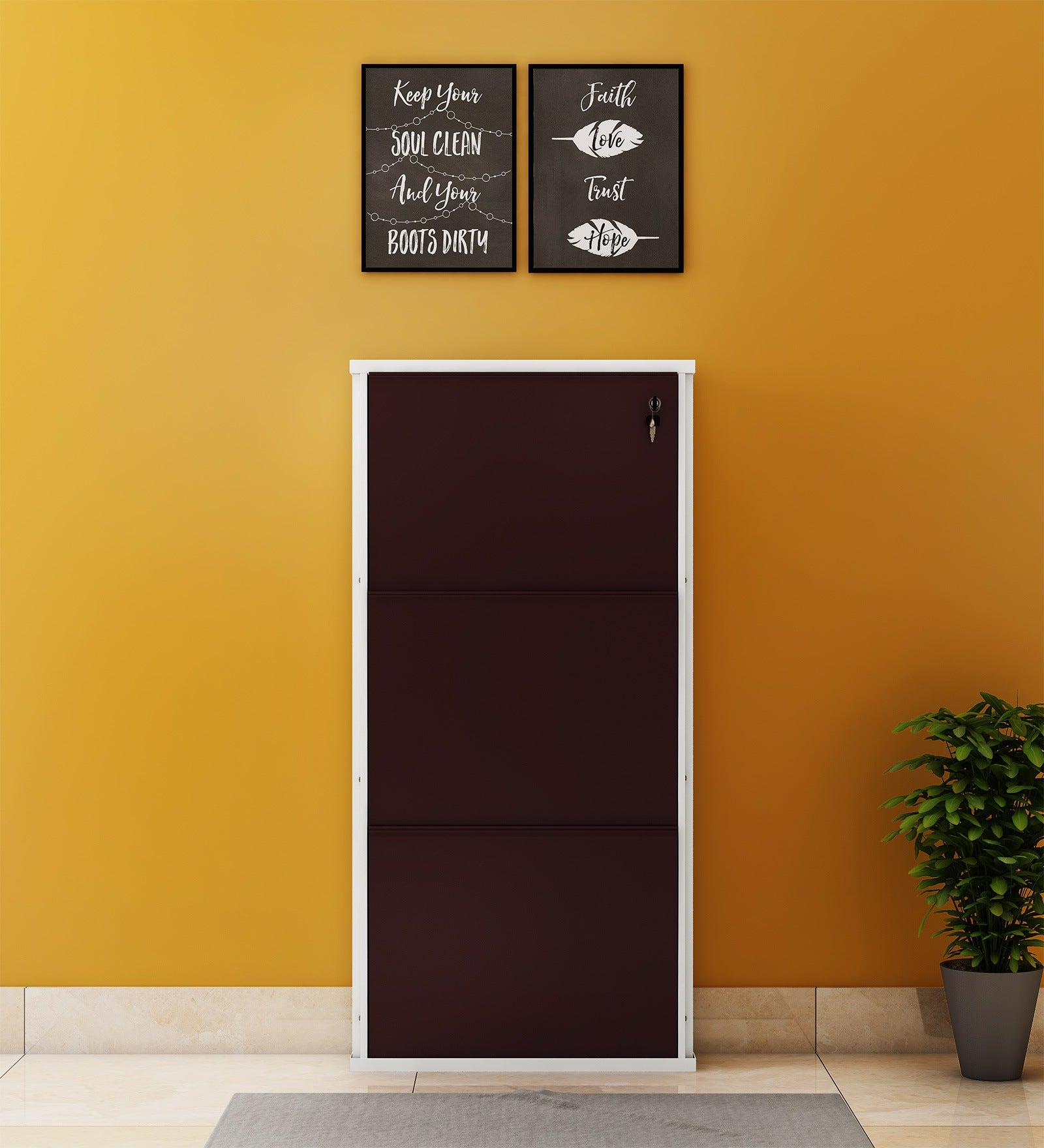 Parasnath Brown White Wall-Mounted 3-Shelf Shoe Rack Lockable Organizer
