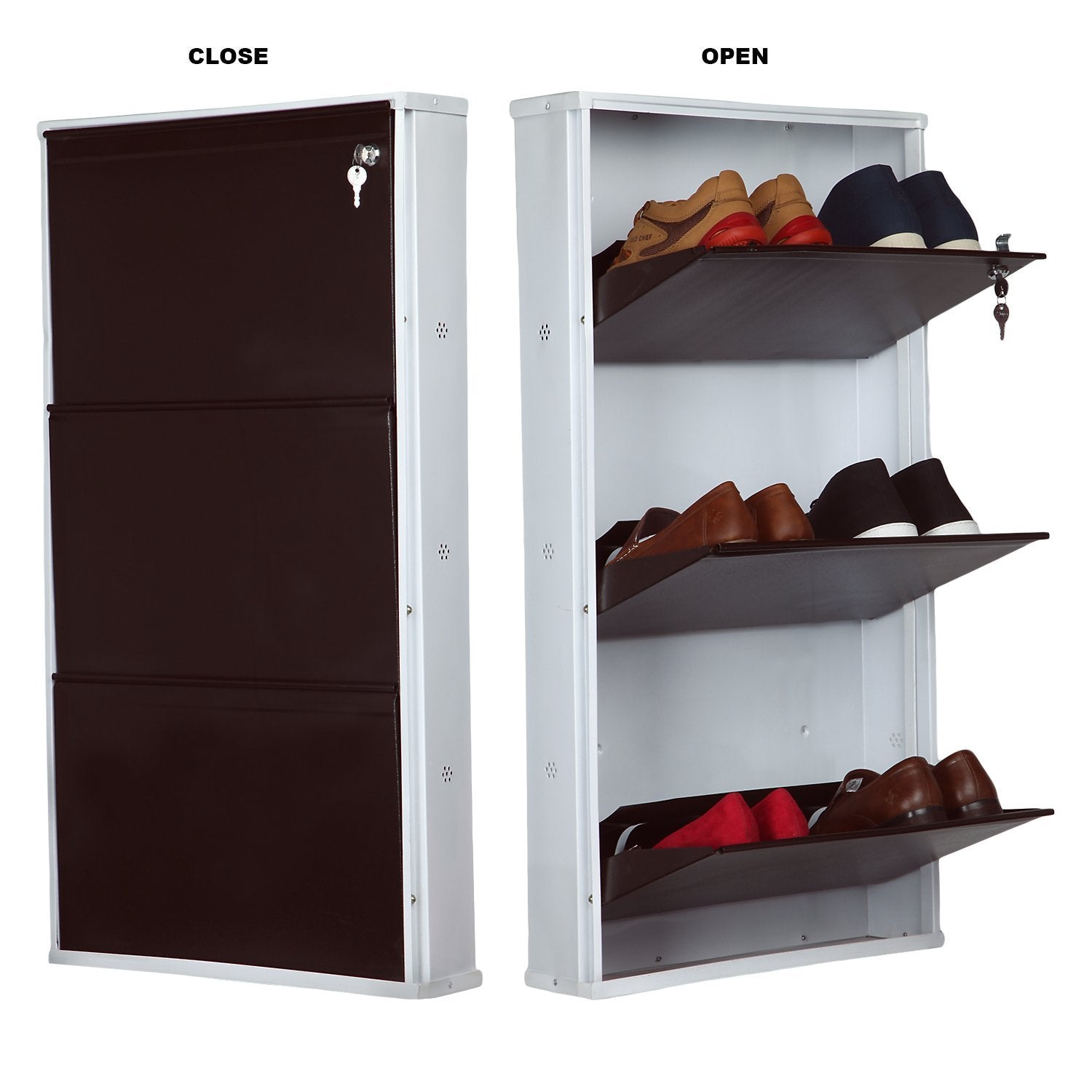 Parasnath Brown White Wall-Mounted 3-Shelf Shoe Rack Lockable Organizer