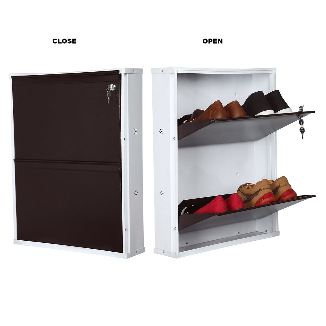 Parasnath Brown White Wall-Mounted 2-Shelf Shoe Rack Lockable Organizer
