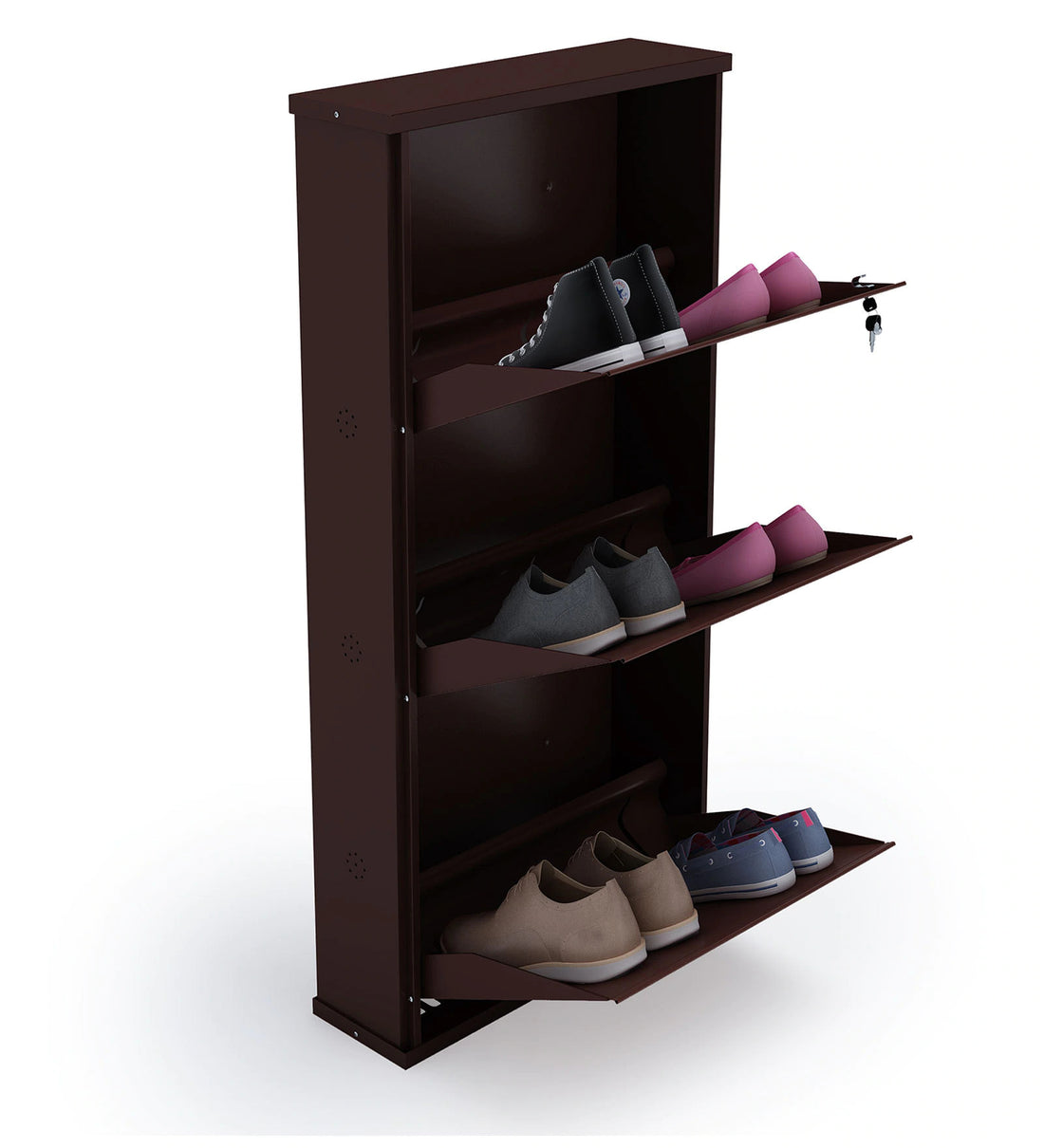 Parasnath Coffee Colour Wall Shoe Rack 3 Shelves Slim Lockable Steel Shoe Stand