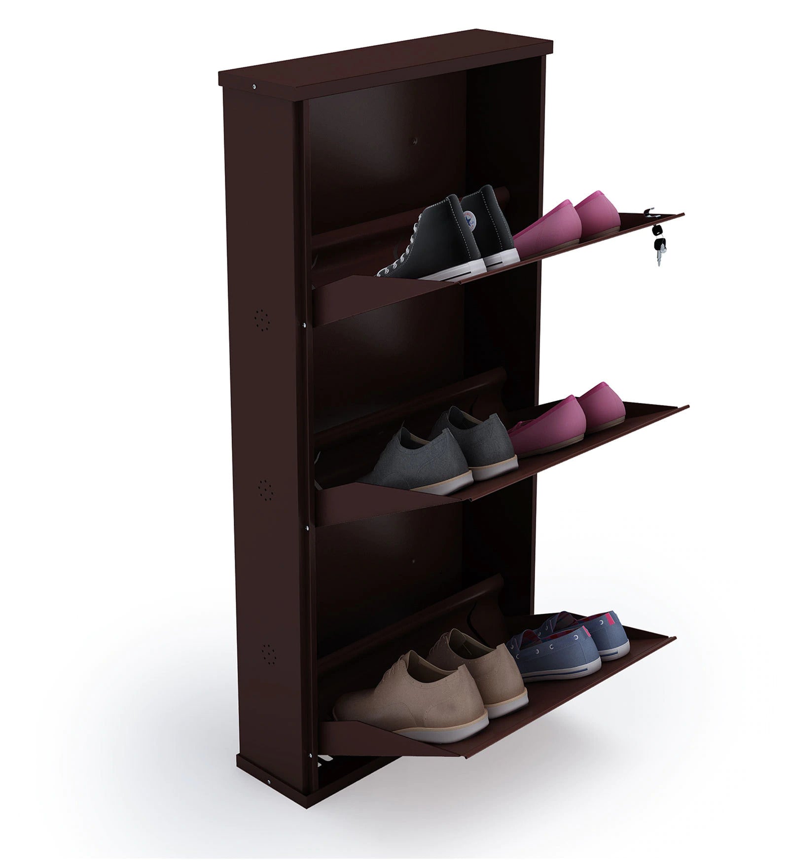 Parasnath Coffee Colour Wall Shoe Rack 3 Shelves Slim Lockable Steel Shoe Stand