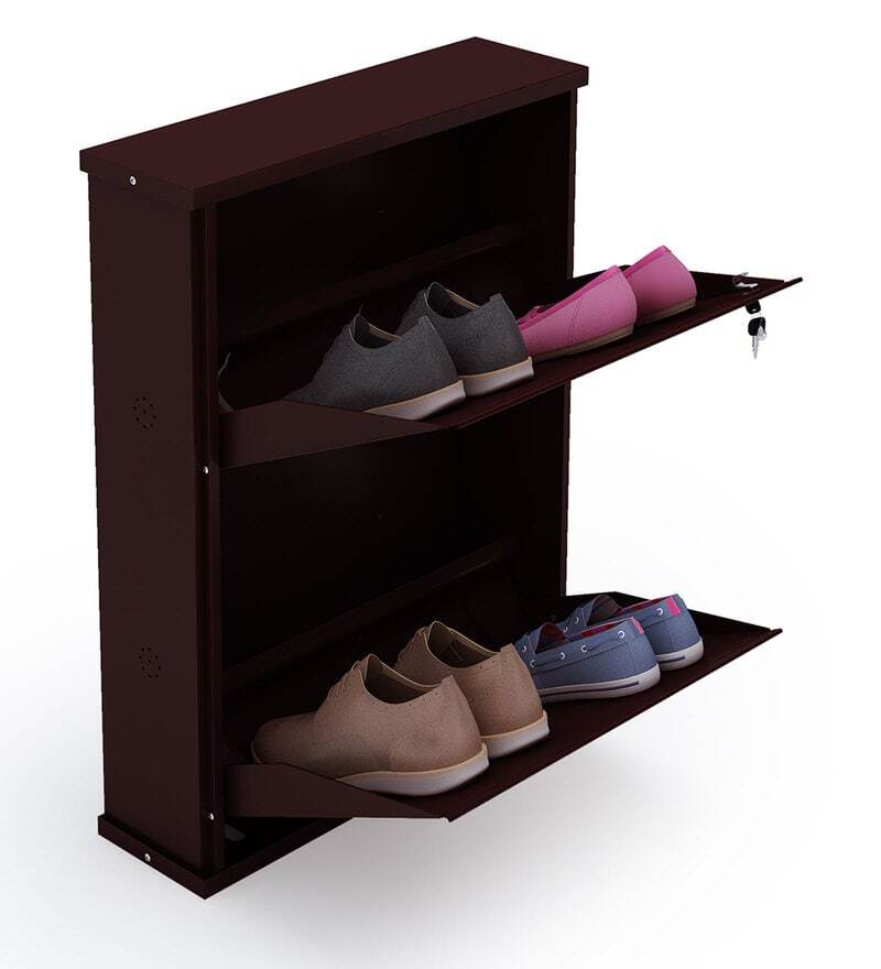 Parasnath Coffee Colour Wall Shoe Rack 2 Shelves Slim Lockable Steel Shoe Stand