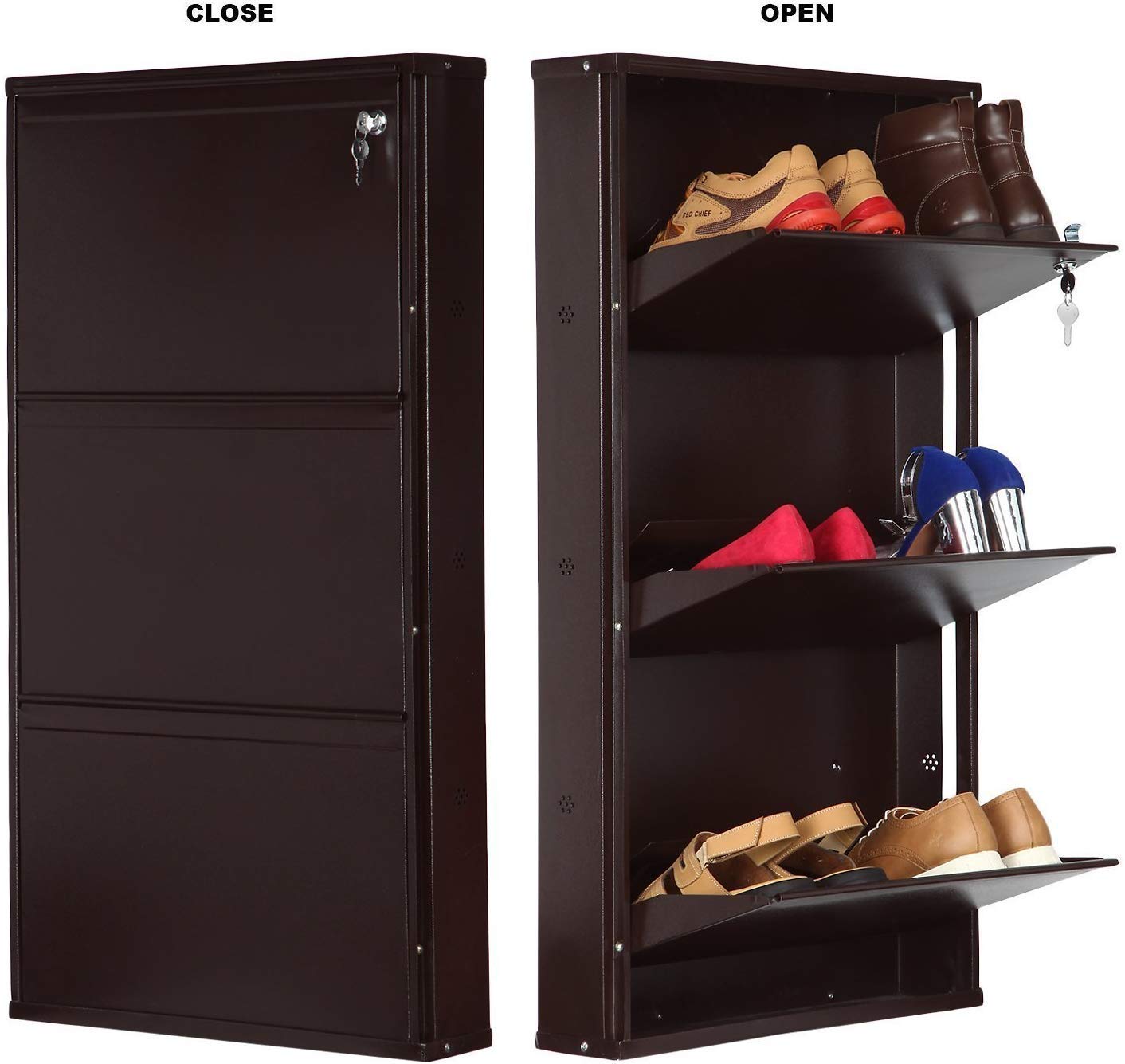 Parasnath Coffee Colour Wall Shoe Rack 3 Shelves Slim Lockable Steel Shoe Stand