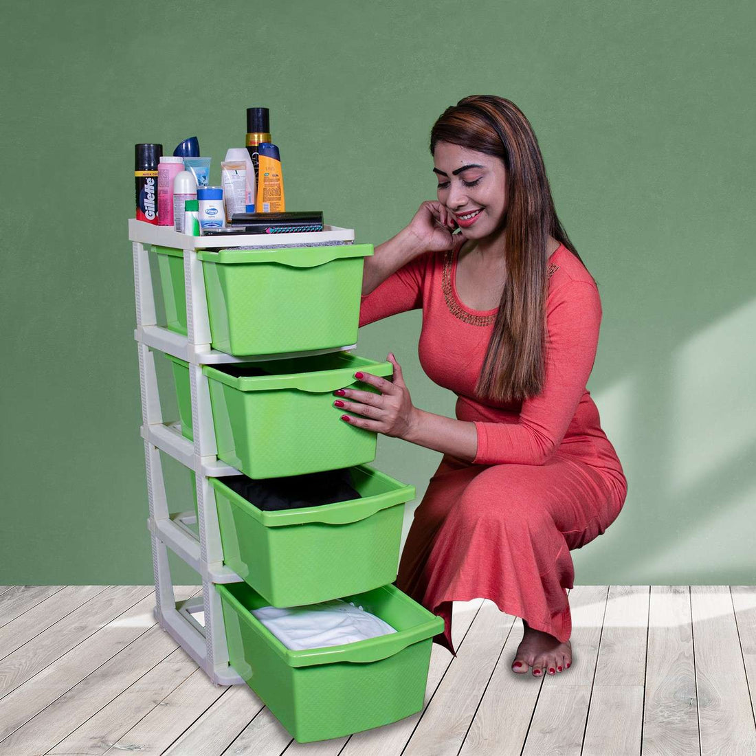Parasnath Boxo 4 Layer Green Drawer – Multi-purpose storage with wheels