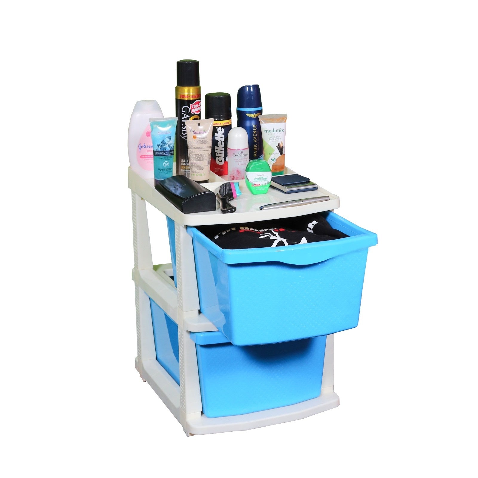 PARASNATH Boxo 2 Layer Blue Drawer Storage with Wheels for Home & Office