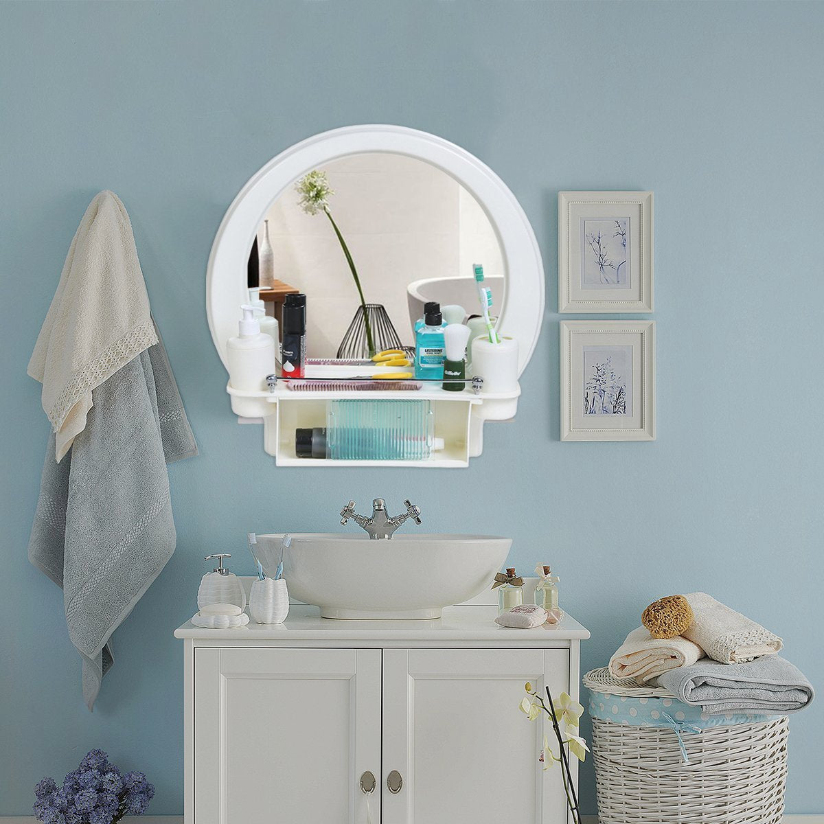 Parasnath White Plastic Bathroom Cabinet Mirror 5-Compartment Wall-Mounted Storage