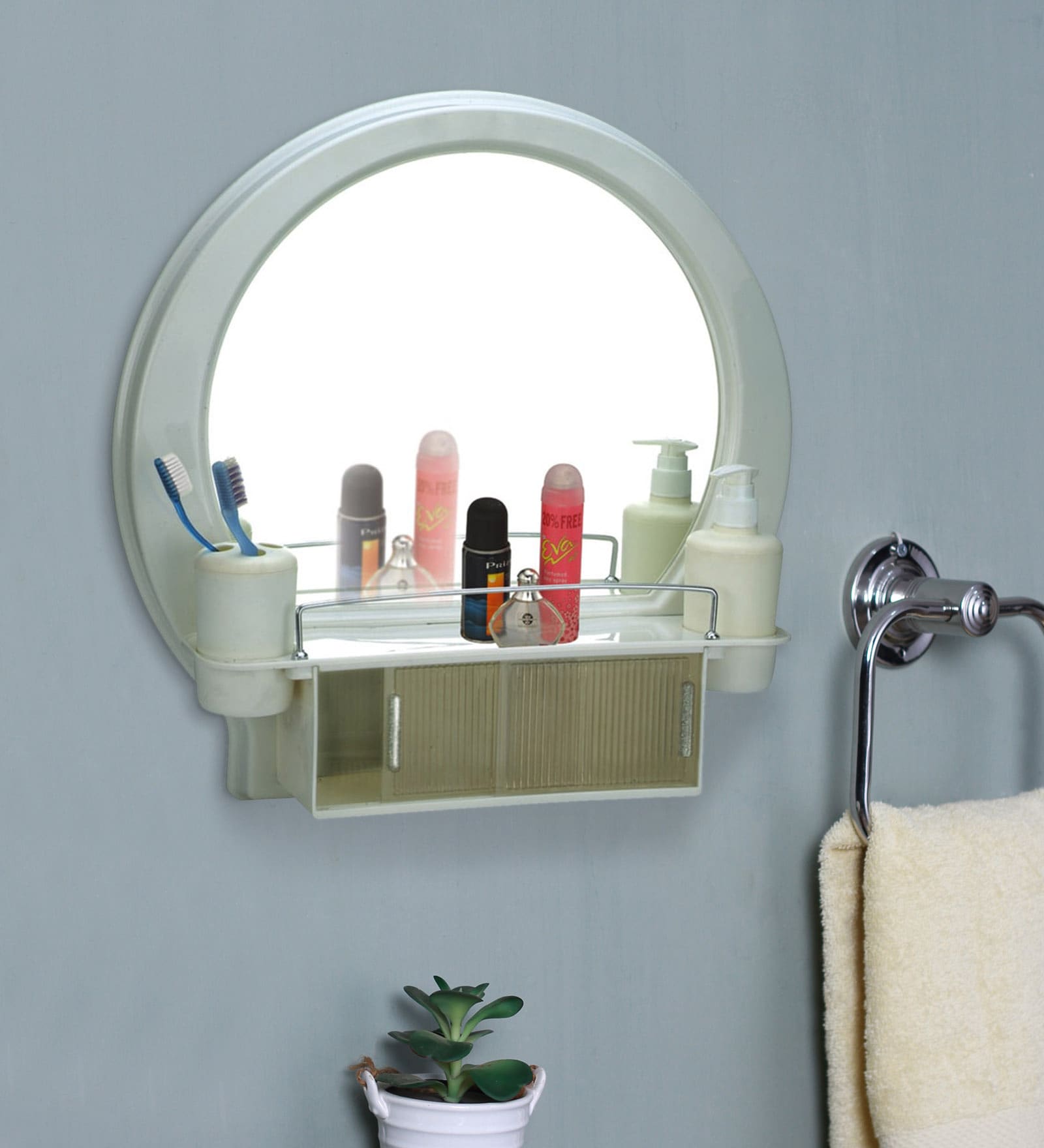 Parasnath White Plastic Bathroom Cabinet Mirror 5-Compartment Wall-Mounted Storage