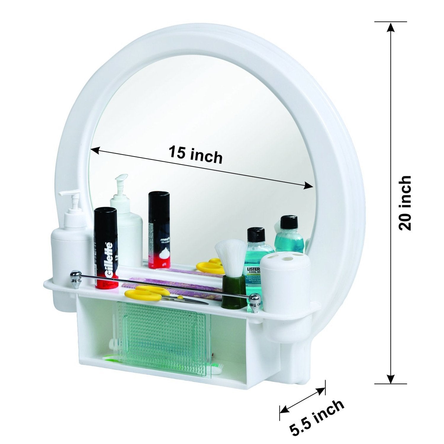 Parasnath White Plastic Bathroom Cabinet Mirror 5-Compartment Wall-Mounted Storage